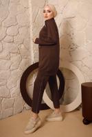 Tesettür giyim KAHVE FERMUARLI ŞERİT DETAYLI İKİLİ PANTOLONLU EŞOFMAN TAKIMI T 0392