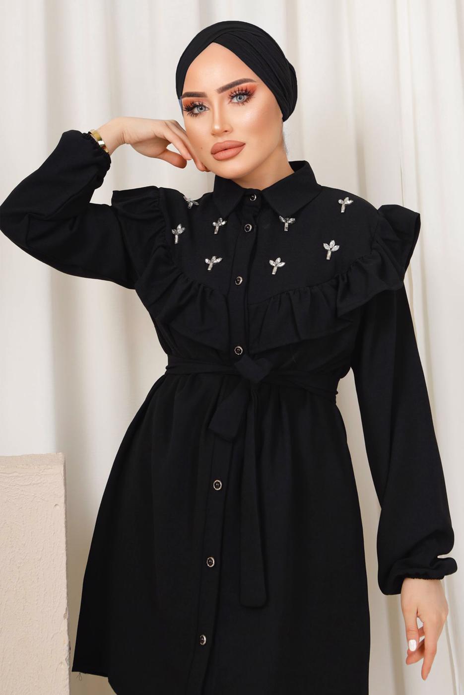 Tesettür giyim SİYAH FIRFIR DETAYLI TAŞ İŞLEMELİ TAKIM T 0403