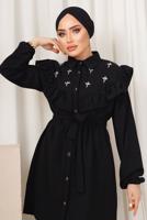 Tesettür giyim SİYAH FIRFIR DETAYLI TAŞ İŞLEMELİ TAKIM T 0403