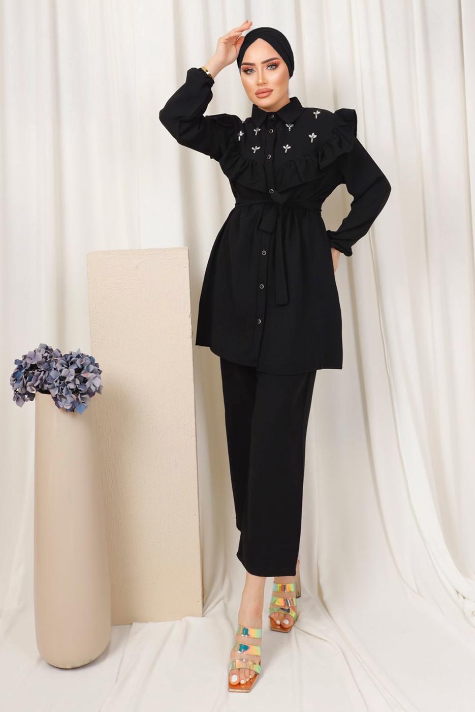 Tesettür giyim SİYAH FIRFIR DETAYLI TAŞ İŞLEMELİ TAKIM T 0403
