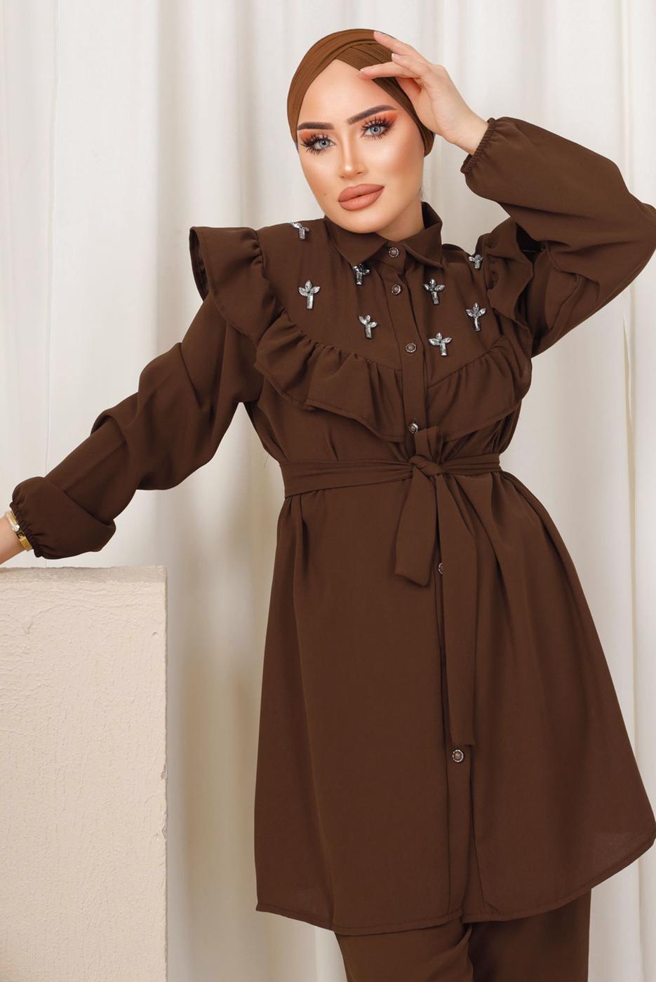 Tesettür giyim KAHVE FIRFIR DETAYLI TAŞ İŞLEMELİ TAKIM T 0403