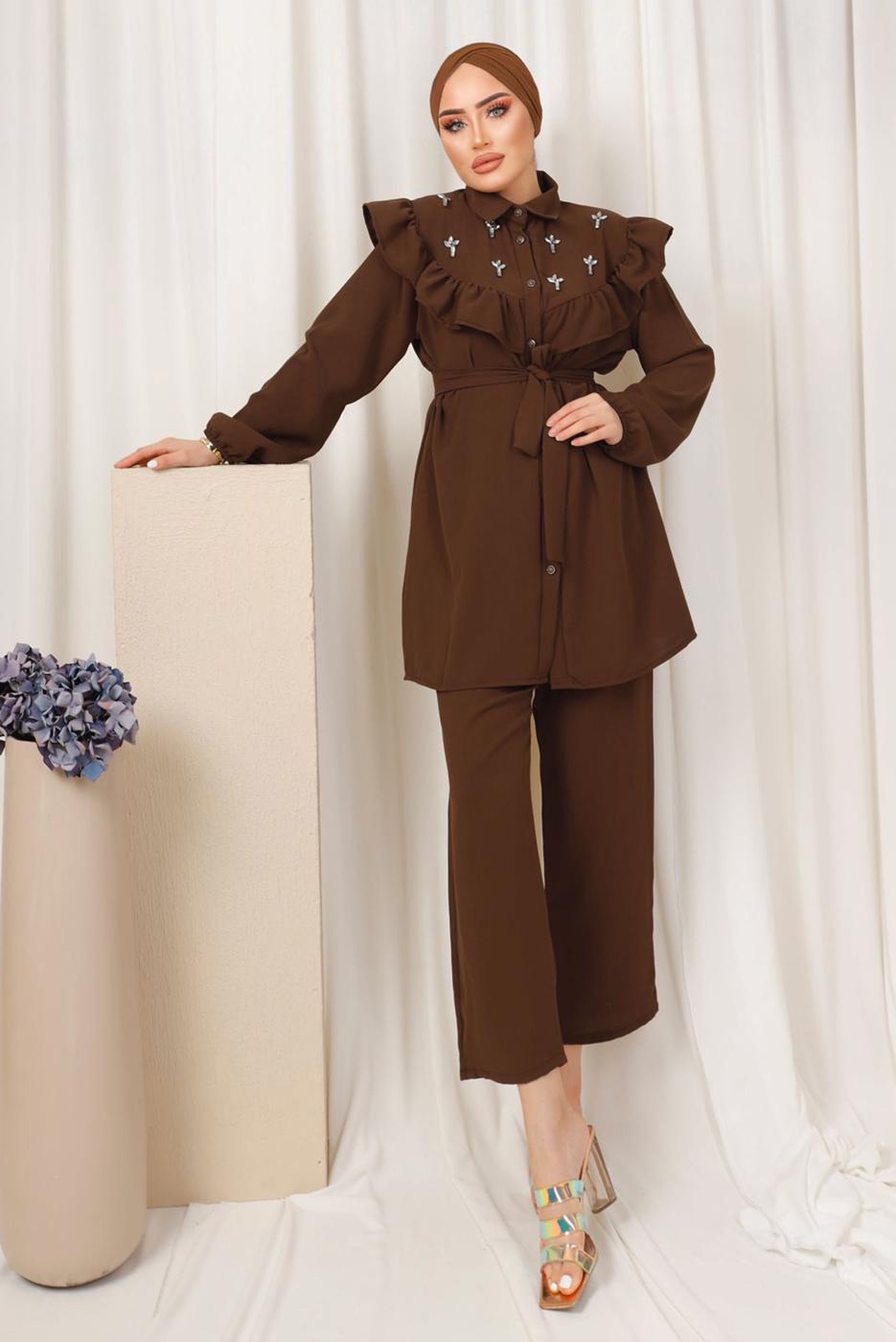 Tesettür giyim KAHVE FIRFIR DETAYLI TAŞ İŞLEMELİ TAKIM T 0403