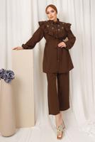 Tesettür giyim KAHVE FIRFIR DETAYLI TAŞ İŞLEMELİ TAKIM T 0403