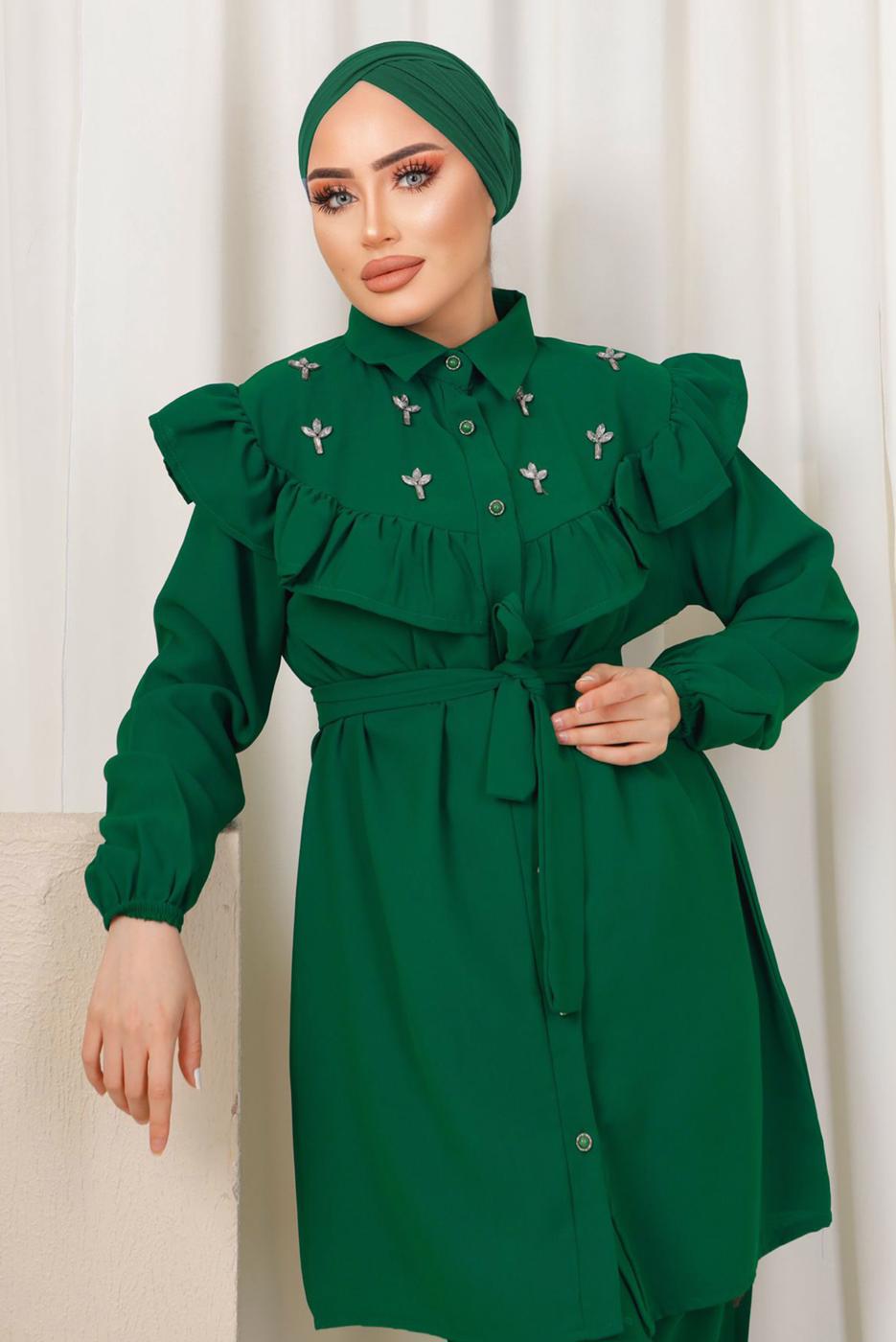 Tesettür giyim YEŞİL FIRFIR DETAYLI TAŞ İŞLEMELİ TAKIM T 0403