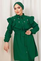 Tesettür giyim YEŞİL FIRFIR DETAYLI TAŞ İŞLEMELİ TAKIM T 0403