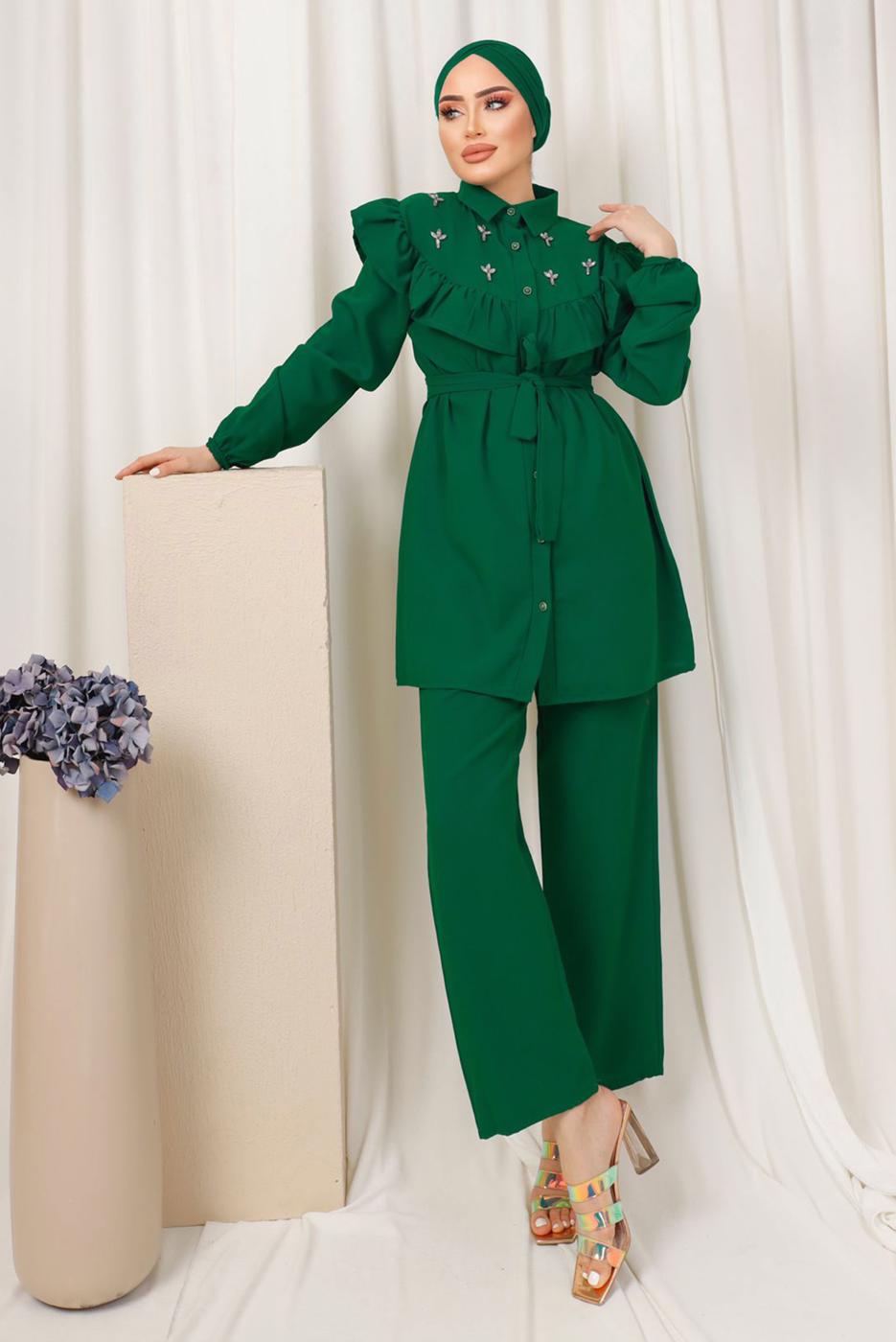 Tesettür giyim YEŞİL FIRFIR DETAYLI TAŞ İŞLEMELİ TAKIM T 0403