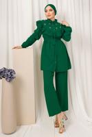 Tesettür giyim YEŞİL FIRFIR DETAYLI TAŞ İŞLEMELİ TAKIM T 0403