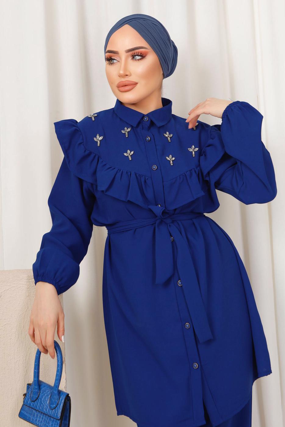 Tesettür giyim LACİVERT FIRFIR DETAYLI TAŞ İŞLEMELİ TAKIM T 0403