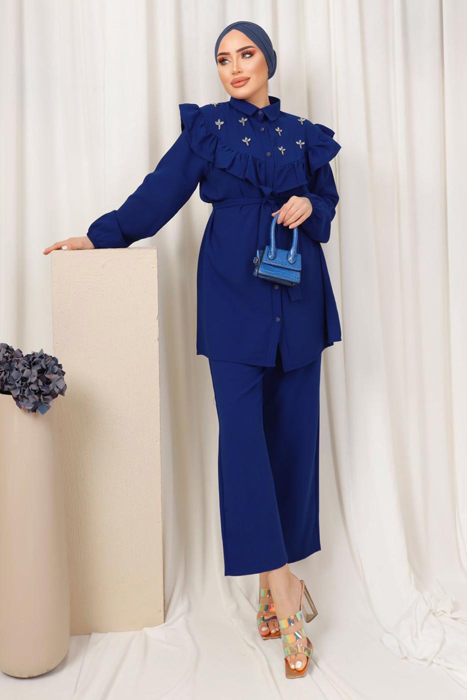 Tesettür giyim LACİVERT FIRFIR DETAYLI TAŞ İŞLEMELİ TAKIM T 0403