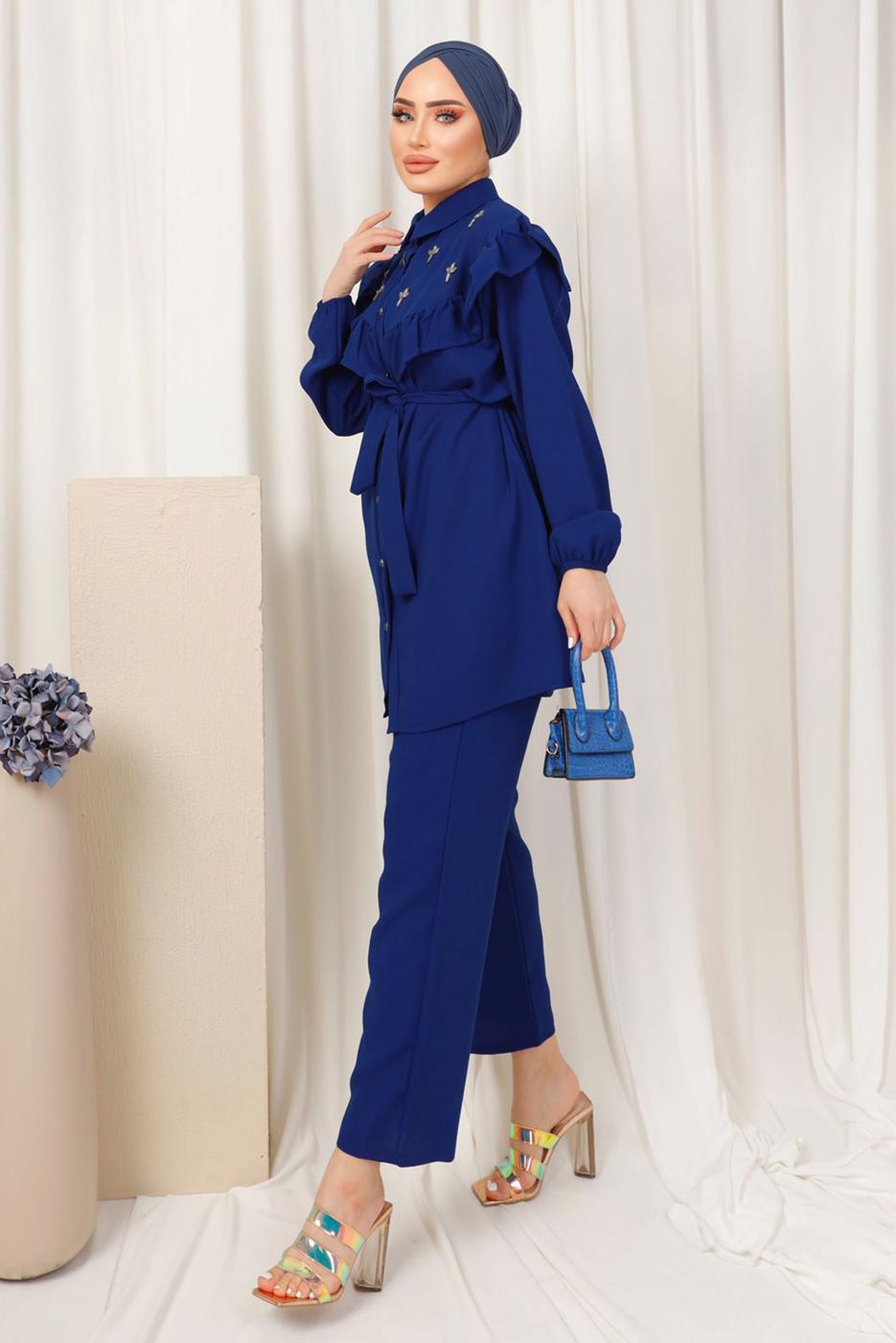 Tesettür giyim LACİVERT FIRFIR DETAYLI TAŞ İŞLEMELİ TAKIM T 0403