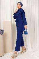 Tesettür giyim LACİVERT FIRFIR DETAYLI TAŞ İŞLEMELİ TAKIM T 0403