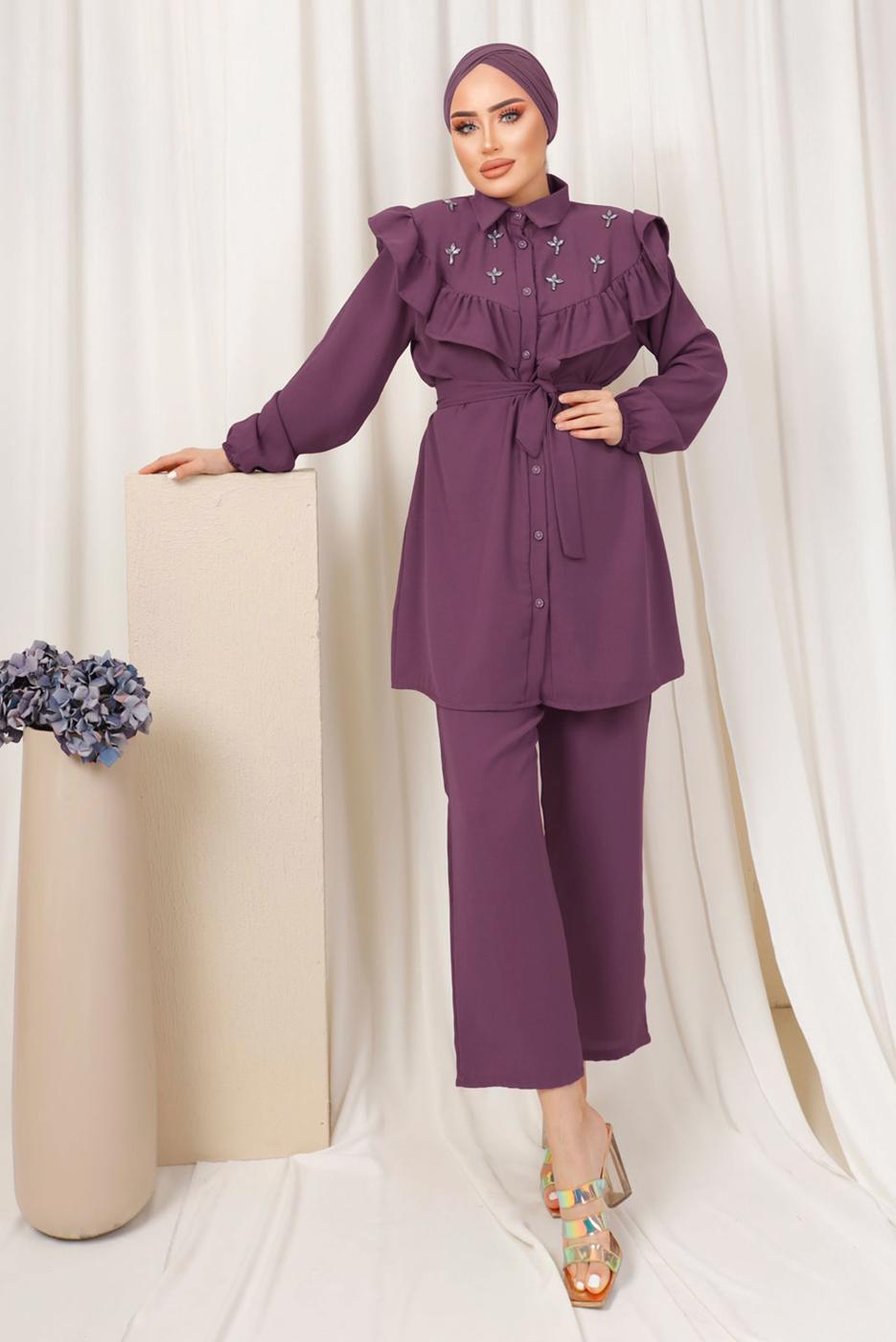 Tesettür giyim MOR FIRFIR DETAYLI TAŞ İŞLEMELİ TAKIM T 0403