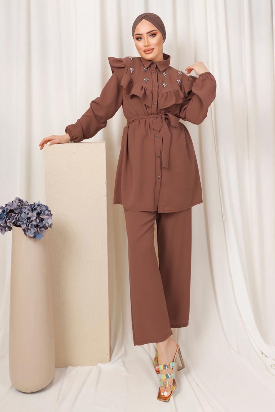 Tesettür giyim PEMBE FIRFIR DETAYLI TAŞ İŞLEMELİ TAKIM T 0403