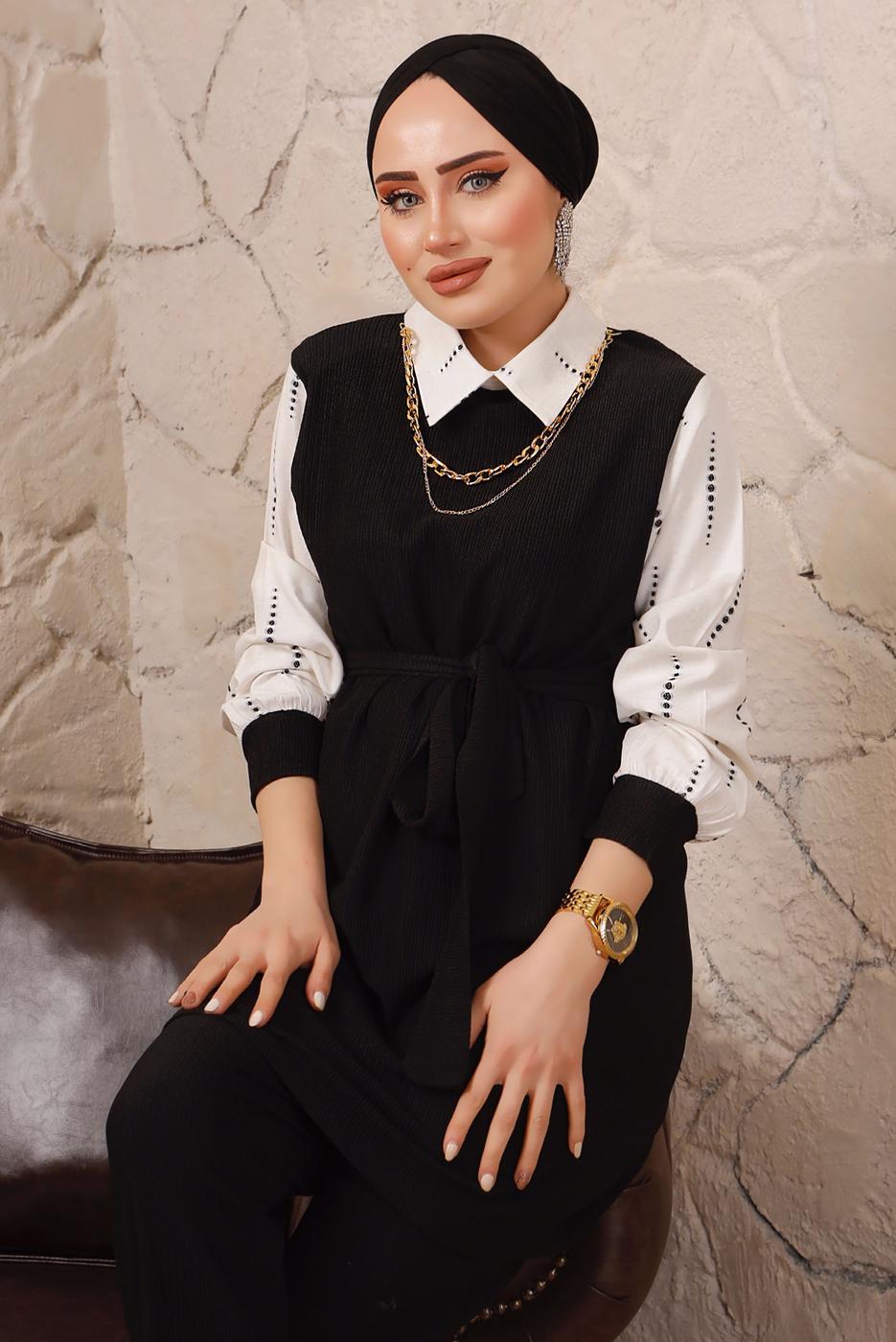 Tesettür giyim SİYAH ZİNCİR DETAYLI BELİ KUŞAKLI İKİLİ PANTOLONLU TAKIM T 0492