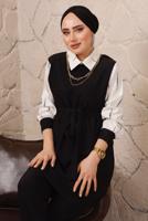 Tesettür giyim SİYAH ZİNCİR DETAYLI BELİ KUŞAKLI İKİLİ PANTOLONLU TAKIM T 0492