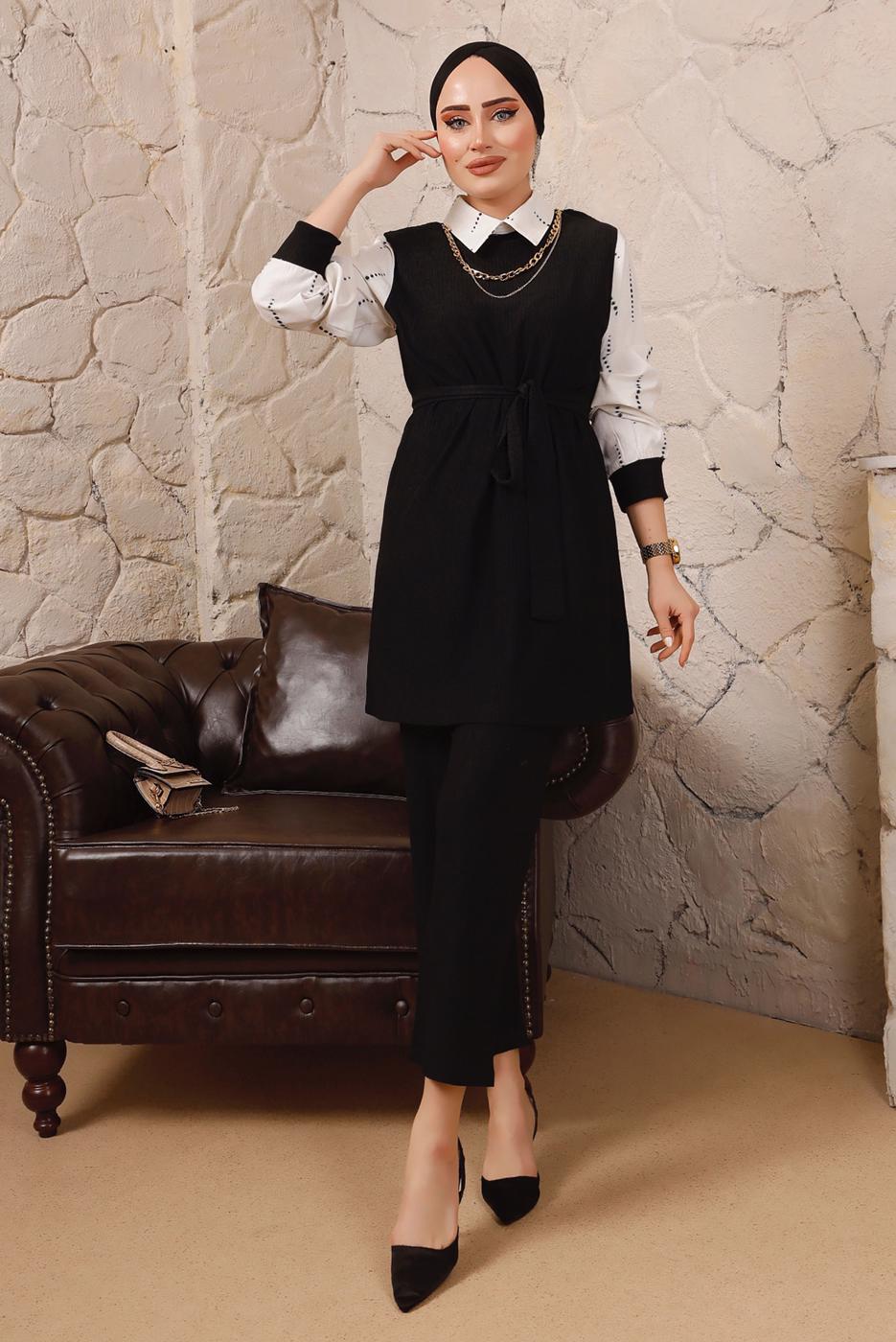 Tesettür giyim SİYAH ZİNCİR DETAYLI BELİ KUŞAKLI İKİLİ PANTOLONLU TAKIM T 0492