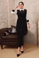 Tesettür giyim SİYAH ZİNCİR DETAYLI BELİ KUŞAKLI İKİLİ PANTOLONLU TAKIM T 0492