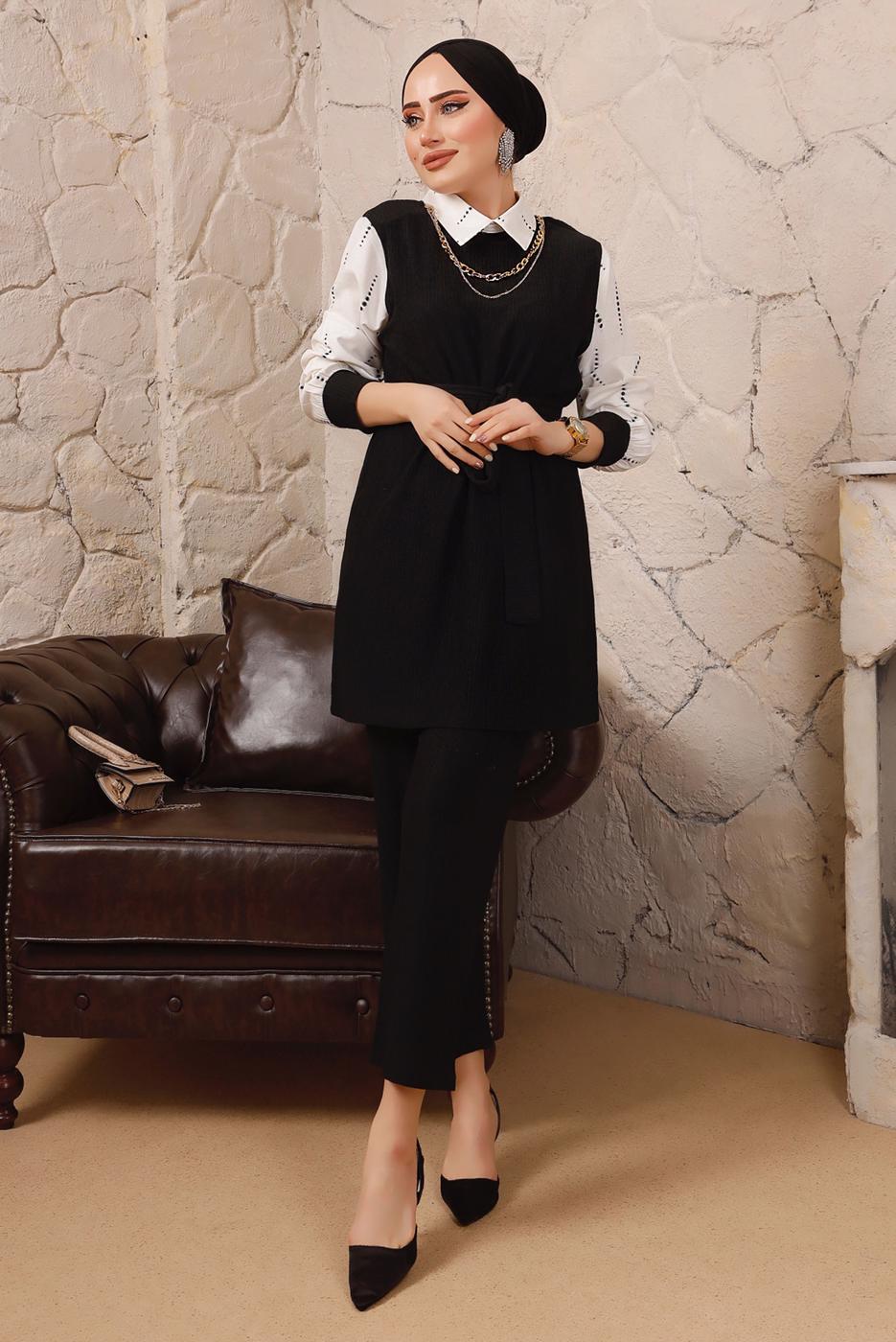 Tesettür giyim SİYAH ZİNCİR DETAYLI BELİ KUŞAKLI İKİLİ PANTOLONLU TAKIM T 0492