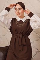 Tesettür giyim KAHVE ZİNCİR DETAYLI BELİ KUŞAKLI İKİLİ PANTOLONLU TAKIM T 0492