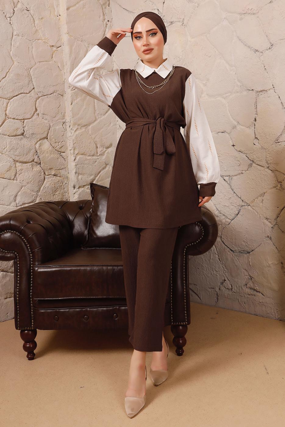 Tesettür giyim KAHVE ZİNCİR DETAYLI BELİ KUŞAKLI İKİLİ PANTOLONLU TAKIM T 0492