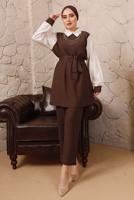 Tesettür giyim KAHVE ZİNCİR DETAYLI BELİ KUŞAKLI İKİLİ PANTOLONLU TAKIM T 0492