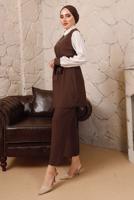 Tesettür giyim KAHVE ZİNCİR DETAYLI BELİ KUŞAKLI İKİLİ PANTOLONLU TAKIM T 0492
