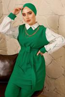 Tesettür giyim YEŞİL ZİNCİR DETAYLI BELİ KUŞAKLI İKİLİ PANTOLONLU TAKIM T 0492
