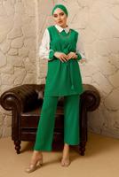 Tesettür giyim YEŞİL ZİNCİR DETAYLI BELİ KUŞAKLI İKİLİ PANTOLONLU TAKIM T 0492