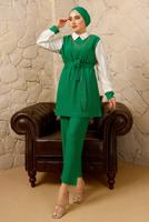 Tesettür giyim YEŞİL ZİNCİR DETAYLI BELİ KUŞAKLI İKİLİ PANTOLONLU TAKIM T 0492