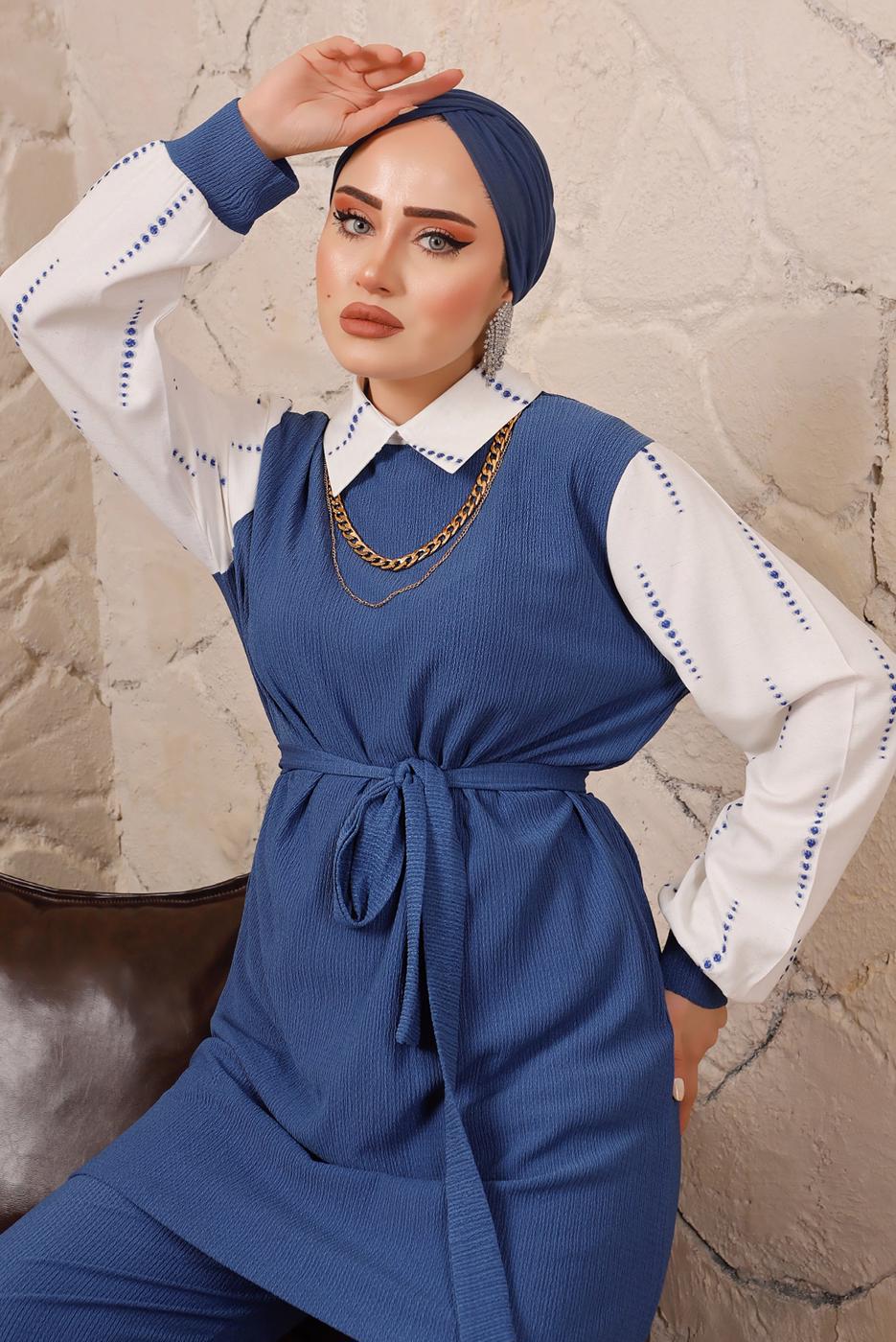 Tesettür giyim LACİVERT ZİNCİR DETAYLI BELİ KUŞAKLI İKİLİ PANTOLONLU TAKIM T 0492