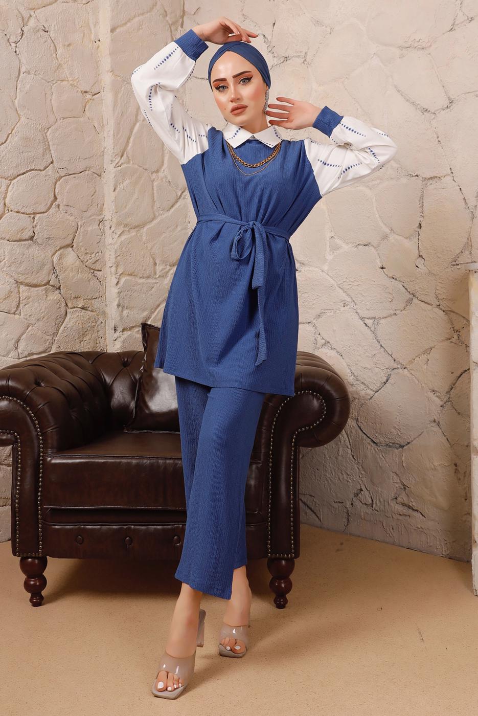 Tesettür giyim LACİVERT ZİNCİR DETAYLI BELİ KUŞAKLI İKİLİ PANTOLONLU TAKIM T 0492