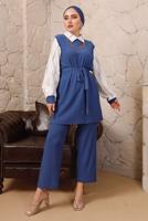 Tesettür giyim LACİVERT ZİNCİR DETAYLI BELİ KUŞAKLI İKİLİ PANTOLONLU TAKIM T 0492