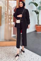 Tesettür giyim SİYAH BÜZGÜ DETAYLI VOLANLI İKİLİ PANTOLONLU TAKIM T 05014