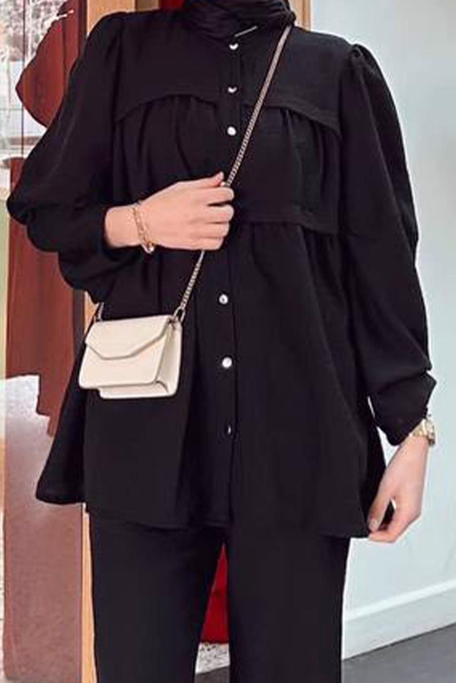 Tesettür giyim SİYAH BÜZGÜ DETAYLI VOLANLI İKİLİ PANTOLONLU TAKIM T 05014