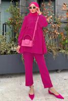 Tesettür giyim FUŞYA BÜZGÜ DETAYLI VOLANLI İKİLİ PANTOLONLU TAKIM T 05014