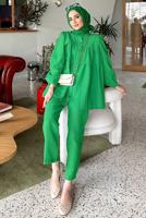 Tesettür giyim YEŞİL BÜZGÜ DETAYLI VOLANLI İKİLİ PANTOLONLU TAKIM T 05014