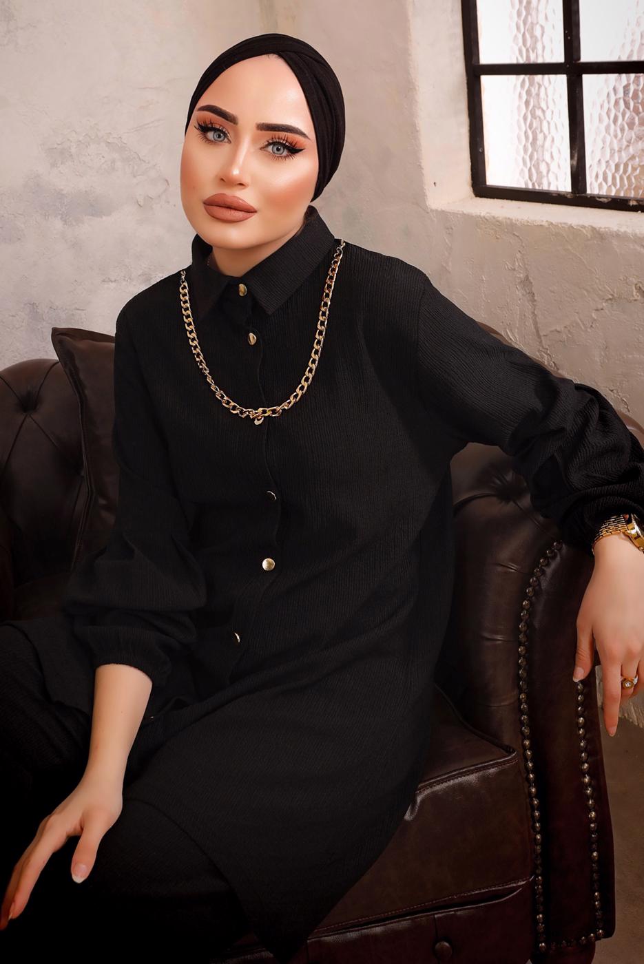 Tesettür giyim SİYAH ZİNCİR DETAYLI İKİLİ BÜRÜMCÜK PANTOLONLU TAKIM T 0592