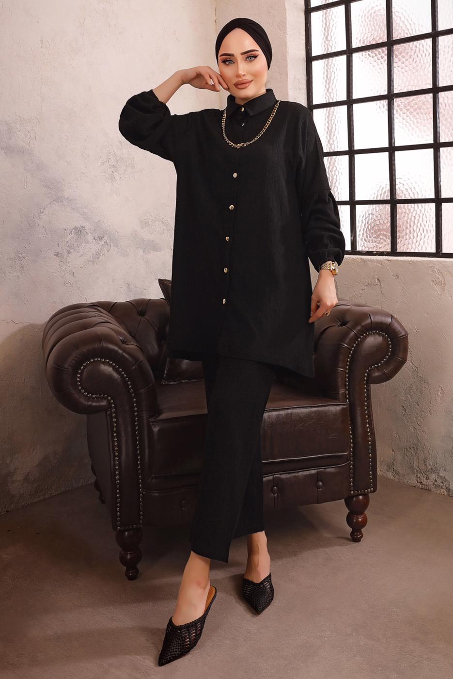 Tesettür giyim SİYAH ZİNCİR DETAYLI İKİLİ BÜRÜMCÜK PANTOLONLU TAKIM T 0592