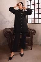 Tesettür giyim SİYAH ZİNCİR DETAYLI İKİLİ BÜRÜMCÜK PANTOLONLU TAKIM T 0592