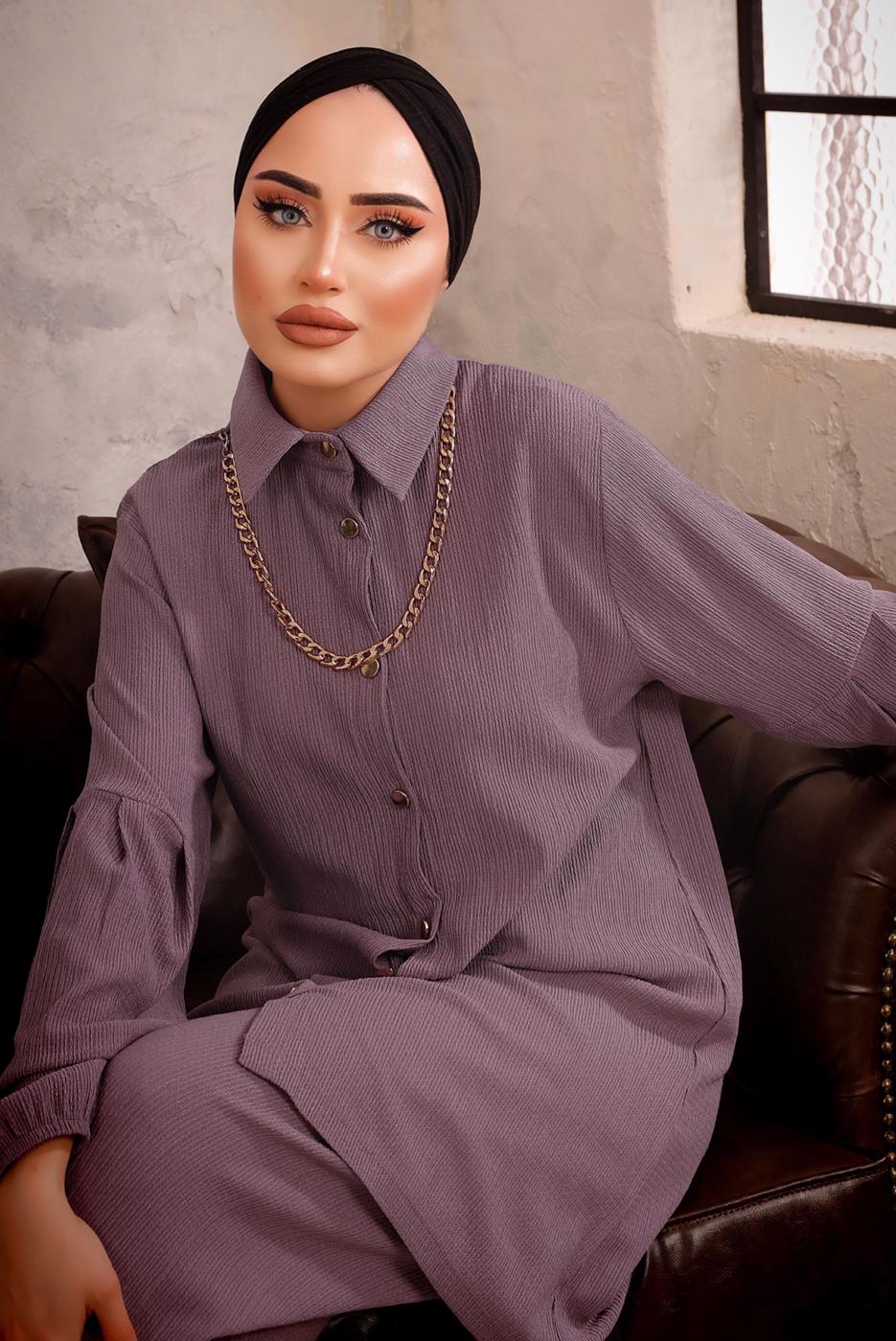 Tesettür giyim MOR ZİNCİR DETAYLI İKİLİ BÜRÜMCÜK PANTOLONLU TAKIM T 0592