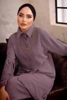 Tesettür giyim MOR ZİNCİR DETAYLI İKİLİ BÜRÜMCÜK PANTOLONLU TAKIM T 0592
