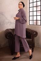 Tesettür giyim MOR ZİNCİR DETAYLI İKİLİ BÜRÜMCÜK PANTOLONLU TAKIM T 0592
