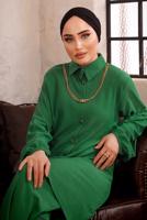Tesettür giyim YEŞİL ZİNCİR DETAYLI İKİLİ BÜRÜMCÜK PANTOLONLU TAKIM T 0592