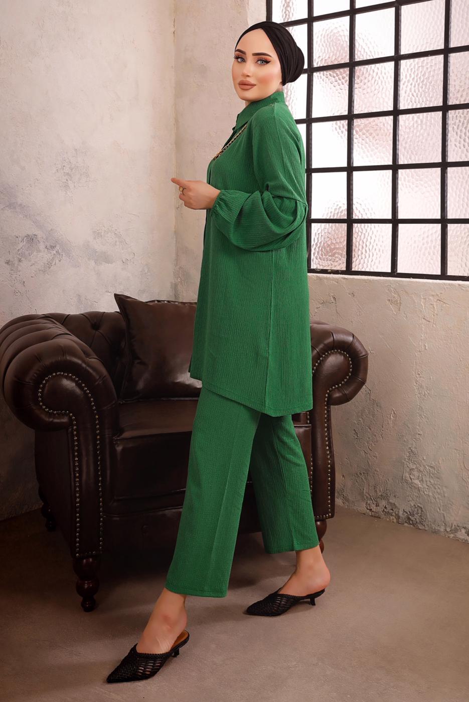 Tesettür giyim YEŞİL ZİNCİR DETAYLI İKİLİ BÜRÜMCÜK PANTOLONLU TAKIM T 0592
