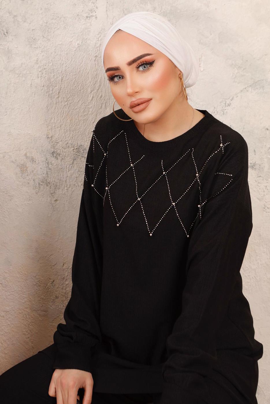 Tesettür giyim SİYAH BONCUK İŞLEMELİ İKİLİ PANTOLONLU TAKIM T 0603