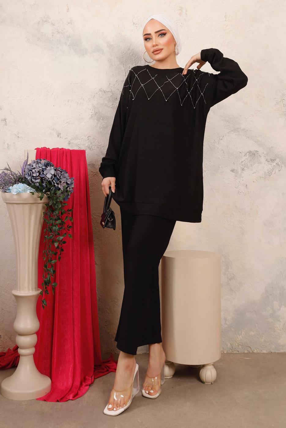 Tesettür giyim SİYAH BONCUK İŞLEMELİ İKİLİ PANTOLONLU TAKIM T 0603