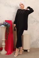 Tesettür giyim SİYAH BONCUK İŞLEMELİ İKİLİ PANTOLONLU TAKIM T 0603