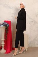 Tesettür giyim SİYAH BONCUK İŞLEMELİ İKİLİ PANTOLONLU TAKIM T 0603
