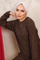 Tesettür giyim KAHVE BONCUK İŞLEMELİ İKİLİ PANTOLONLU TAKIM T 0603