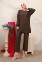 Tesettür giyim KAHVE BONCUK İŞLEMELİ İKİLİ PANTOLONLU TAKIM T 0603